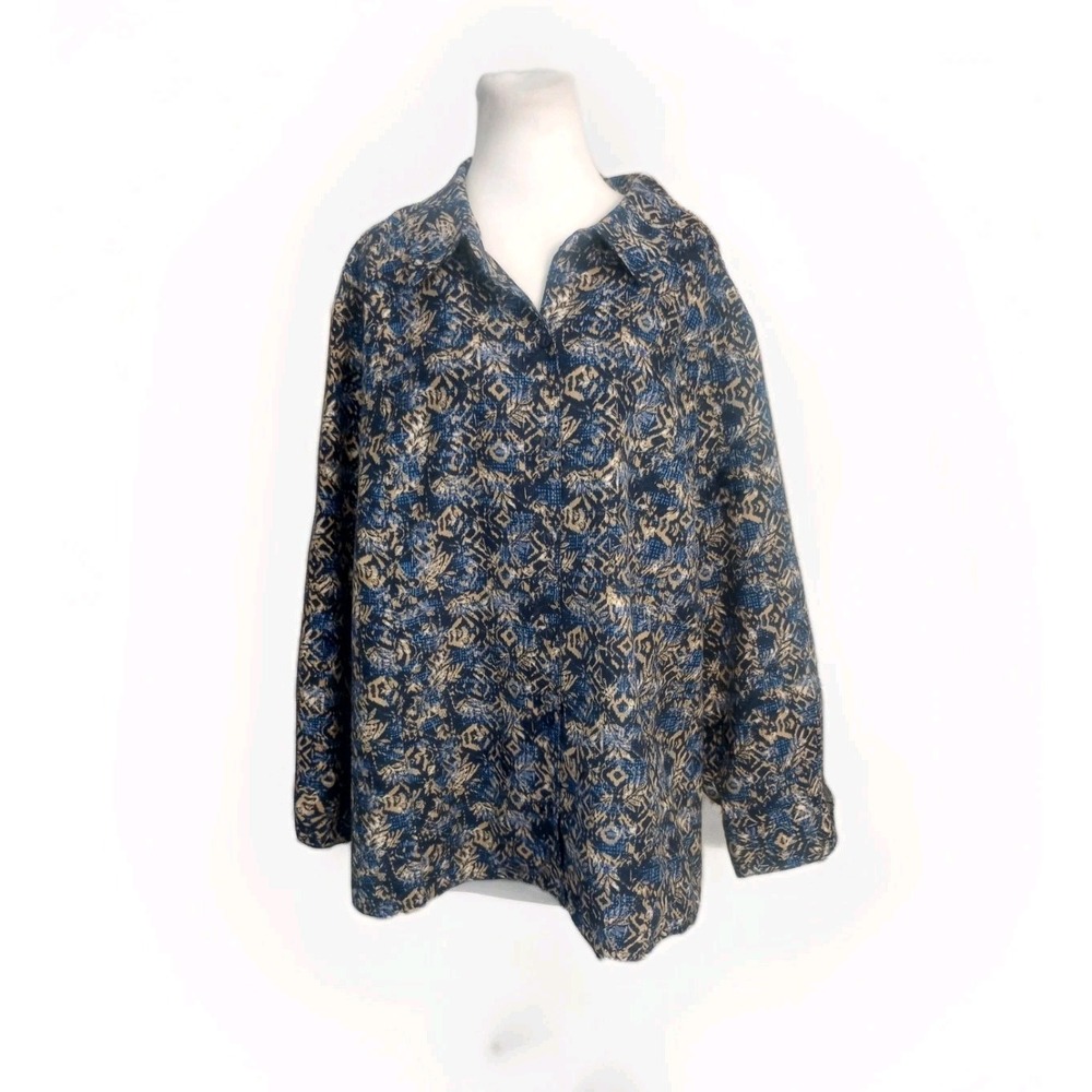 Catherine's 3X 26/28W Petite Fun Abstract Velvety Suede Soft Blue Button  Blouse